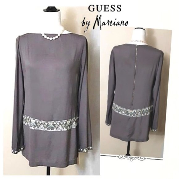 GUESS by MARCIANO Silk Blend Dress Embroidered MOP Sequin Button Grey Tu… - Picture 1 of 12